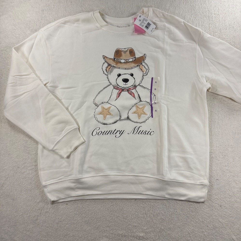 Zoe + Liv Country Music Teddy Bear Sweatshirt Women XL White NWT Western Graphic